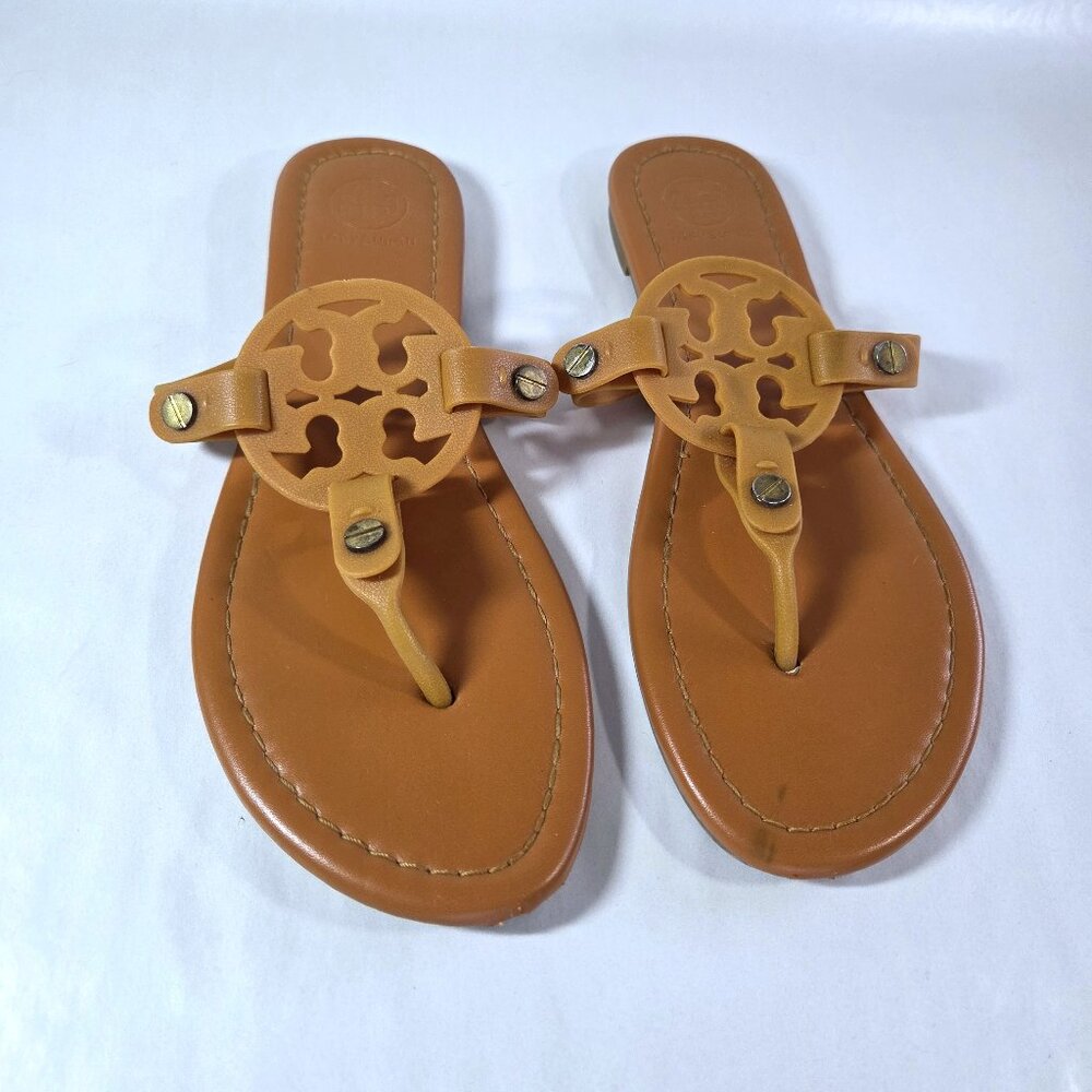 Tory Burch Cognac Leather Logo Thong Sandals